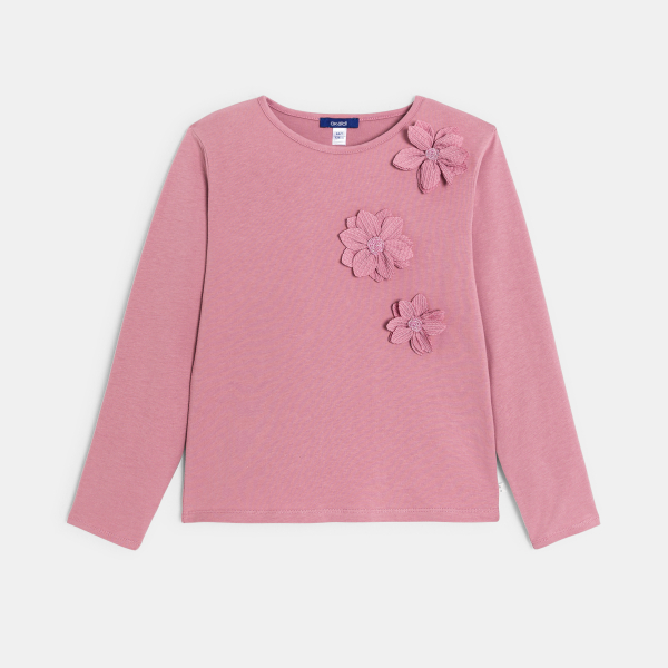 تيشيرت بأكمام طويلة، باللون الوردي، مُزيَّن بالزهور، للفتيات تيشيرت بأكمام طويلة، باللون الوردي، مُزيَّن بالزهور، للفتيات