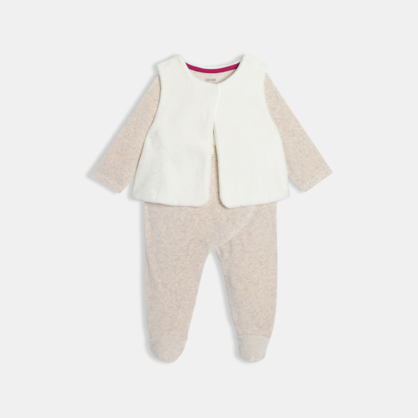 بدلة نوم من المخمل وسُترة جيليه، باللون البيج الفاتح، للفتيات الرُضع بدلة نوم من المخمل وسُترة جيليه، باللون البيج الفاتح، للفتيات الرُضع